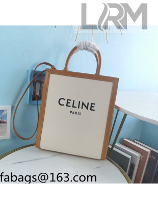 Celine Small Vertical Cabas Tote Bag in Textile with CELINE Print 192082 White/Tan Brown 2022