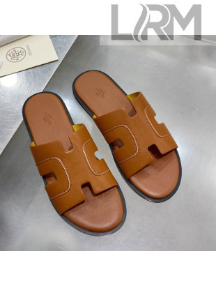 Hermes Men's Izmir Stitching Leather Flat Slide Sandals Brown 2021 55