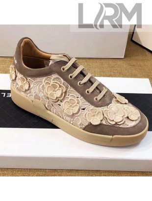 Chanel Camellia Bloom Embroidered Lace and Suede Sneakers G34815 Coffee Gray 2019