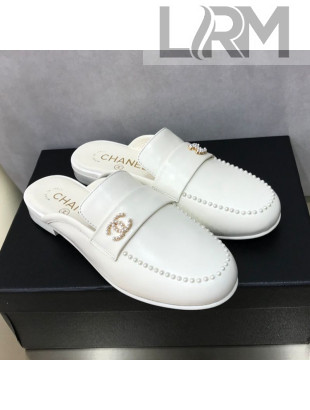 Chanel Lambskin Pearl Charm Mules White 2020