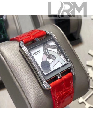 Hermes Cape Cod Crocodile Embossed Leather Crystal Square Watch Red 2019