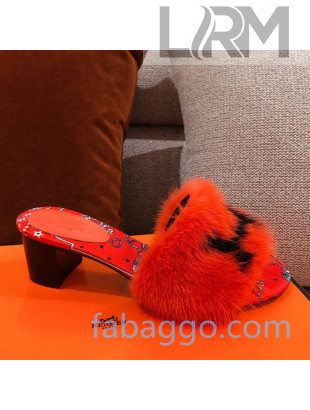 Hermes Mink Fur H Heel Side Sandals Orange 2020