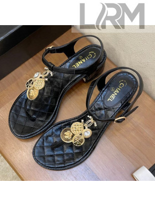 Chanel Lambskin Flat Thong Sandals with Coin Charm Black 2021