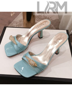 Gucci Patent Leather Charm Heel Slide Sandals 75mm Blue 2020