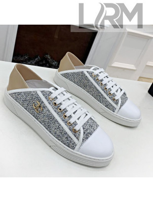 Chanel Tweed Lace up Sneakers Gray 2021