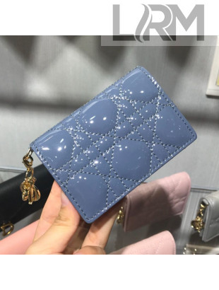 Dior Lady Cannage Patent Leather Card Holder Wallet Blue 2019