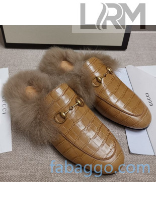 Gucci Princetown Stone-Calfskin Wool Slipper Beige 2020