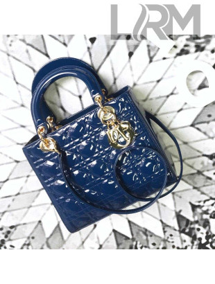 Dior My Lady Dior Medium Bag in Patent Cannage Calfskin Blue/Gold 2019