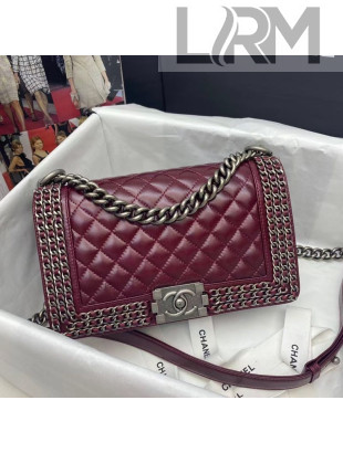 Chanel Wax Leather Medium Boy Flap Bag with Chain Charm A67086 Burgundy 2021