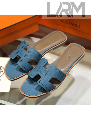 Hermes Santorini Epsom Calfskin Cut-out Classic H Flat Slide Sandals Blue 2021 06