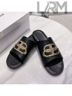 Balenciaga Oval BB Calfskin Flat Mules Slide Sandal Black/Gold 2020