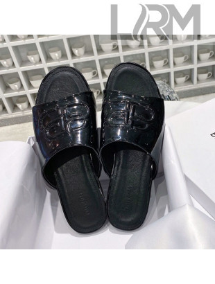 Balenciaga Oval BB Patent Leather Flat Mules Slide Sandal All Black 2020