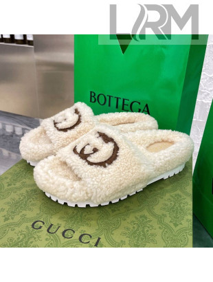 Gucci Shearling Slide Sandals with Interlocking G Embroidery White 2020