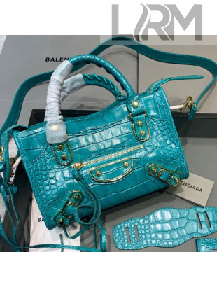 Balenciaga Classic City Mini Bag in Shiny Crocodile Embossed Leather Turquoise Blue 2021