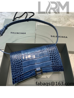 Balenciaga Hourglass Sling Shoulder Bag in Shiny Crocodile Embossed Calfskin Navy Blue 2021