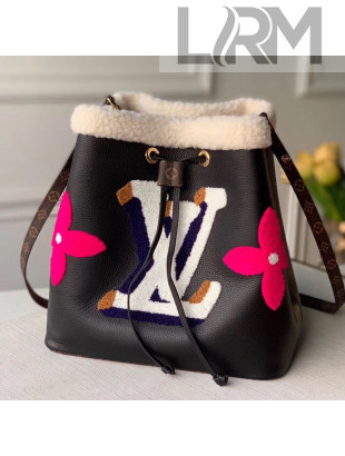 Louis Vuitton NéoNoé MM Bucket Bag in Leather and Monogram Shearling Wool M56963 Black 2020