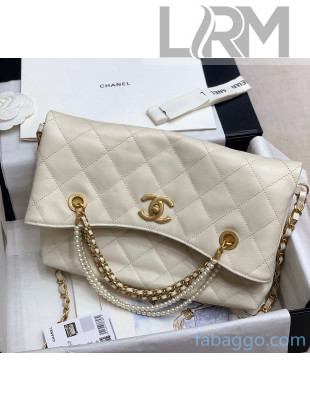 Chanel Quilted Calfskin Shopping Bag with Crystal Pearls AS2213 White 2020