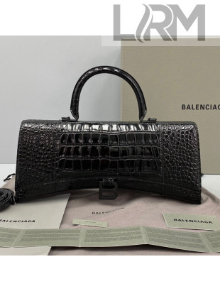 Balenciaga Hourglass Streched Top Handle Bag in Shiny Crocodile Calfskin 92945 All Black 2021