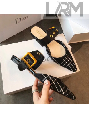 Dior Flat Leather Buckle Band Mules in Black Plaid 2019