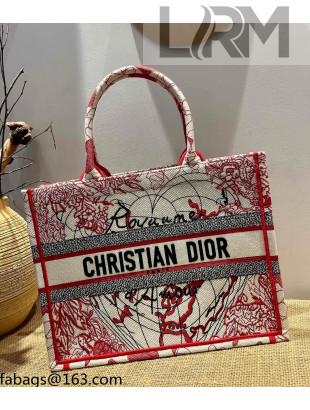 Dior Medium Book Tote Bag in Red and White D-Royaume d'Amour Embroidery 2021 M1286 