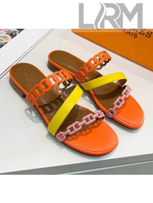 Hermes Leather "Chaine d'Ancre" Straps Ajaccio Slipper Sandal Orange/Yellow/Pink 2020