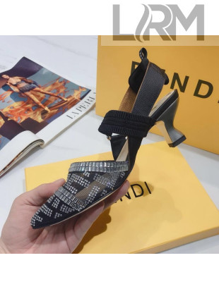 Fendi Colibrì Crystal Mesh Mid-Heel Slingback Pumps Black/Silver 2020