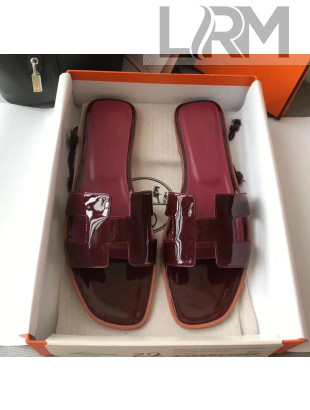 Hermes Patent Calfskin Leather Oran H Flat Slipper Sandals Burgundy 02