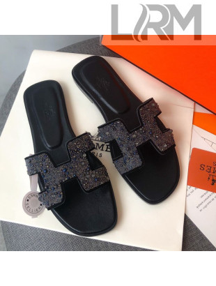 Hermes Oran Crystal Suede Slide Sandal Blue 2021 08