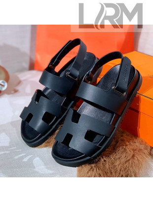 Hermes Chypre Calfskin Flat Sandals Black 2021