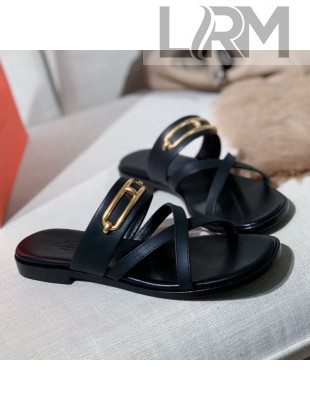 Hermes Claire Cross Strap Flat Sandals Black 2021