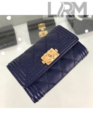 Chanel Quilted Grained Small Flap Boy Wallet A80603 Navy Blue/Gold 2019