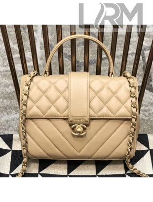 Chanel Quilted and Chevron Calfskin Flap Bag with Top Handle AS0804 Beige 2019