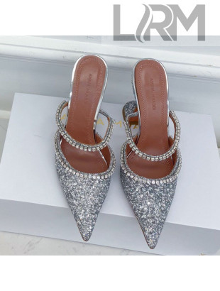 Amina Muaddi Sequins Crystal Strap Mules 9.5cm Silver 2021 19