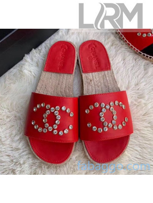 Chanel Leather Crystal CC Slider Espadrilles Sandals Red 2020