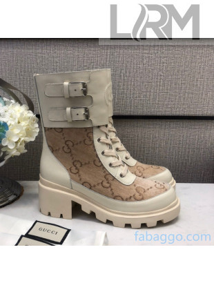 Gucci GG Velvet Boots With Front Buckle and 5cm Heel Beige 2020