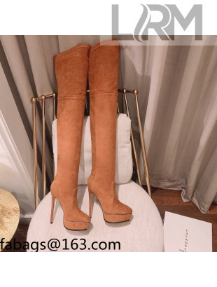 Casadei Elastic Suede Over-Knee High Platform Boots Clay Brown 2021