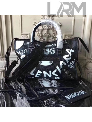 Balenciaga Graffiti Classic Small City Bag in Crumpled Lambskin Black/White F/W 2017