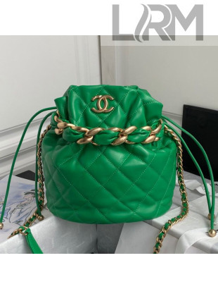 Chanel Shiny Lambskin Large Drawstring Bucket Bag AS2425 Green 2021