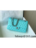 Chanel Quilted Grained Calfskin Medium Classic Flap Bag A01112 Turquoise Blue/Silver 2022