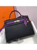 Hermes Kelly 32cm Epsom Leather Bag Black/Purple(Gold Hardware)