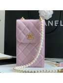 Chanel Calfskin Phone Holder Clutch Bag with Pearl Chain Light Pink 2021