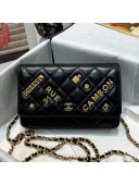 Chanel Lambskin Wallet Bag with Chain WOC and Emblem Charm Black 2021