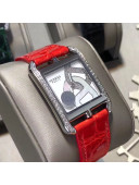 Hermes Cape Cod Crocodile Embossed Leather Crystal Square Watch Red 2019