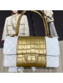 Chanel Lambskin and Crocodile Embossed Calfskin Medium 2.55 Flap Bag A37586 White/Gold 2019