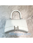 Balenciaga Hourglass Mini Top Handle Bag in Shiny Crocodile Embossed Leather White/Silver 2020