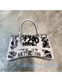 Balenciaga Hourglass Small Top Handle Bag in Graffiti Smooth Calfskin White/Silver 2020