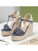 Gucci GG Denim Wedge Sandals 13cm Blue 2021