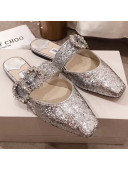 Jimmy Choo Gee Glitter Flat Mules with Crystal Buckle Silver 2019