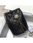 Chanel Quilted Lambskin Drawstring Bucket Bag with Crystal Ball Charm AS1894 Black 2020