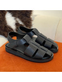 The Row Grained Calfskin Flat Roman Sandals Black 2022 030742